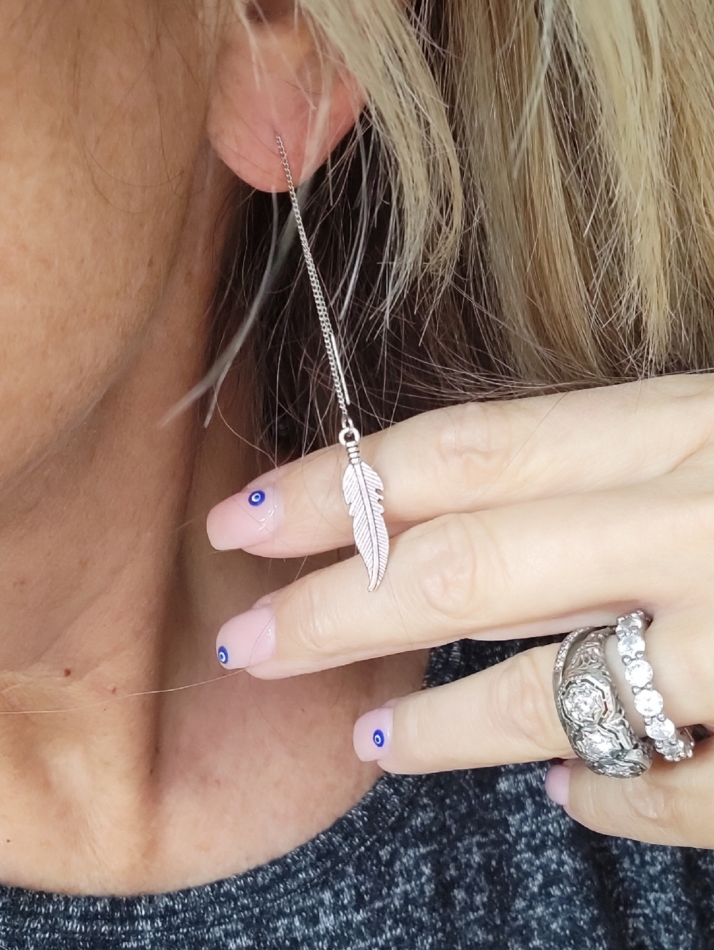 Silver Feather Threader Earrings - Sleek Silver Drop for Women